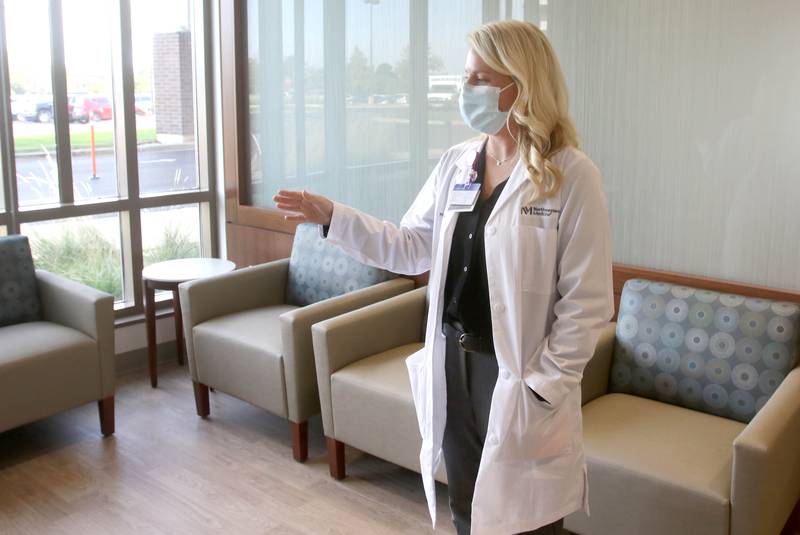 Kristen Tindall, emergency department manager at Northwestern Medicine Kishwaukee Hospital, talks Wednesday, Oct. 20, 2021, at the hospital about the new, larger and more private waiting area in the department during a tour of the recently opened phase 1 at the facility. The full $12 million renovation of the emergency department is expected to be completed in Sept. 2022.