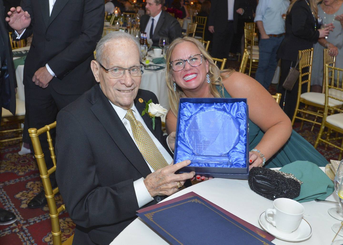 The Greater Joliet Area YMCA honored Joliet native Bill Lauer (left) longtime member and volunteer of the YMCA, at its gala on Feb. 24 February with the creation of the William R. Lauer Service to Youth Award and the establishment of the William R. Lauer Endowment Fund. Bill Lauer is pictured with Greater Joliet Area YMCA President and CEO Katy Leclair.