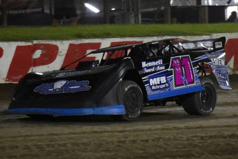 Ryan Miller races down the backstretch during a pro late model heat race at the Kankakee County Speedway Wednesday, June 11, 2025.