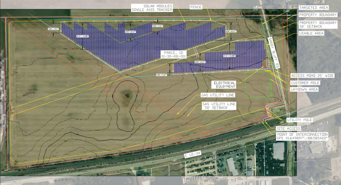 Site map for a community solar farm off Sandy Bluff Road just north of Route 34 in Sandwich, proposed by Turning Point Energy to Sandwich City Council on Feb. 20, 2023.