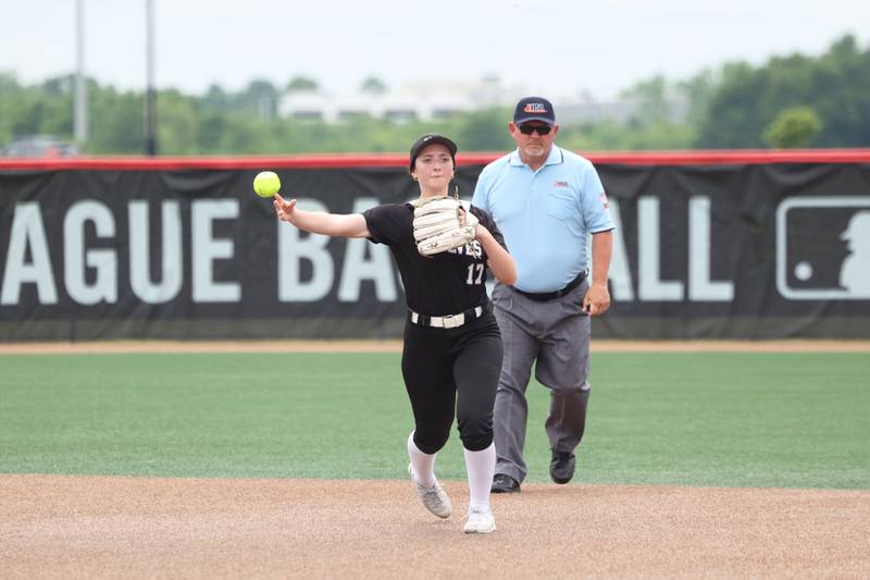 Prairie Ridge's Parker Frey throws to first for an out during the Wolves' 5-0 loss to Glenwood in the IHSA Class 3A state semifinal on June 13, 2025.