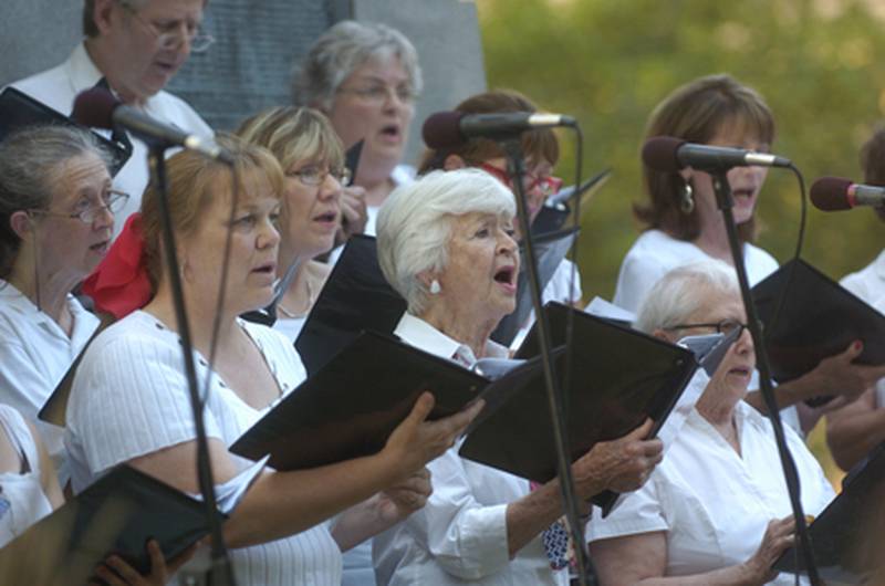 The Bureau County Chorus belted out a myriad of songs Sunday evening, following the performance of the Princeton Community Band at Soldier and Sailors Park in Princeton. Brandon Crawford was the guest conductor in the absence of Director Joy Schertz. Accompanist for the chorus was Kathy Allen.