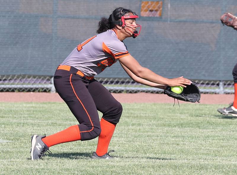 DeKalb's Sydney Myles makes a running catch in center field during their Class 4A regional semifinal game against Rockford Auburn Wednesday, May 22, 2024, at Hampshire High School.