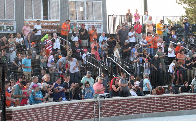 Illinois Valley Pistol Shimp fans cheer on their team during a game against the Normal Cornbelters at Schweickert Stadium on Tuesday, June 20, 2023 in Peru.