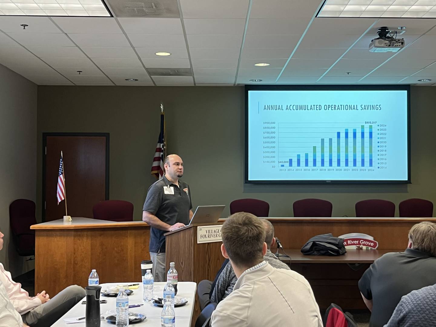 Fox River Grove Village President Marc McLaughlin speaks at the annual Cary-Grove Area Chamber of Commerce breakfast on Feb. 21, 2025.