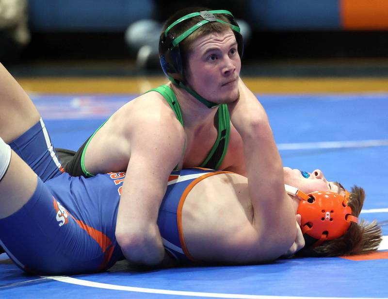 Rock Falls’ Trail Stonitsch pins Genoa-Kingston's Hunter Wendt Thursday, Jan. 16, 2025, during their 165 pound match at Genoa-Kingston High School.
