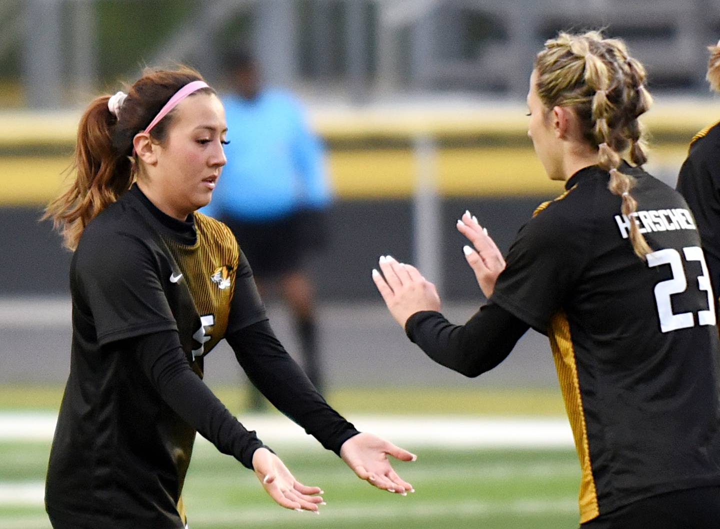 Herscher's Gianni Jaime, left, celebrates with Sophie Venckauskas after assisting Venckauskas' goal during a home game against Manteno Tuesday, May 5, 2026.