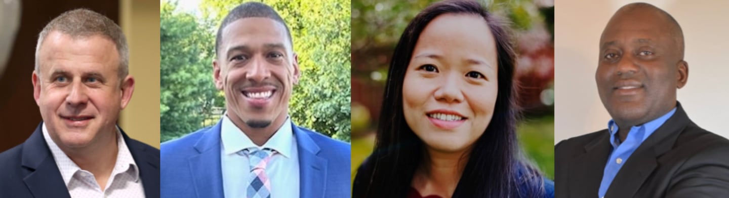 Candidates for DeKalb mayor in the April 1, 2025, Consolidated Election (from left): Incumbent Cohen Barnes, 7th Ward Alderman John Walker, Linh Nguyen and Kouame Sanan.