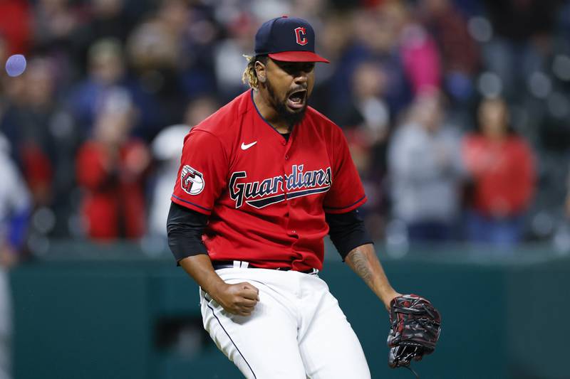 Cleveland Guardians relief pitcher Emmanuel Clase celebrates a 5-3 win in Cleveland. (AP Photo/Ron Schwane)