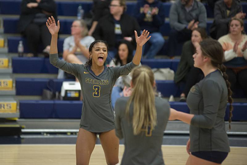 Sterling’s Delali Amankwa celebrates a point against United Township Thursday, Oct. 6, 2022.