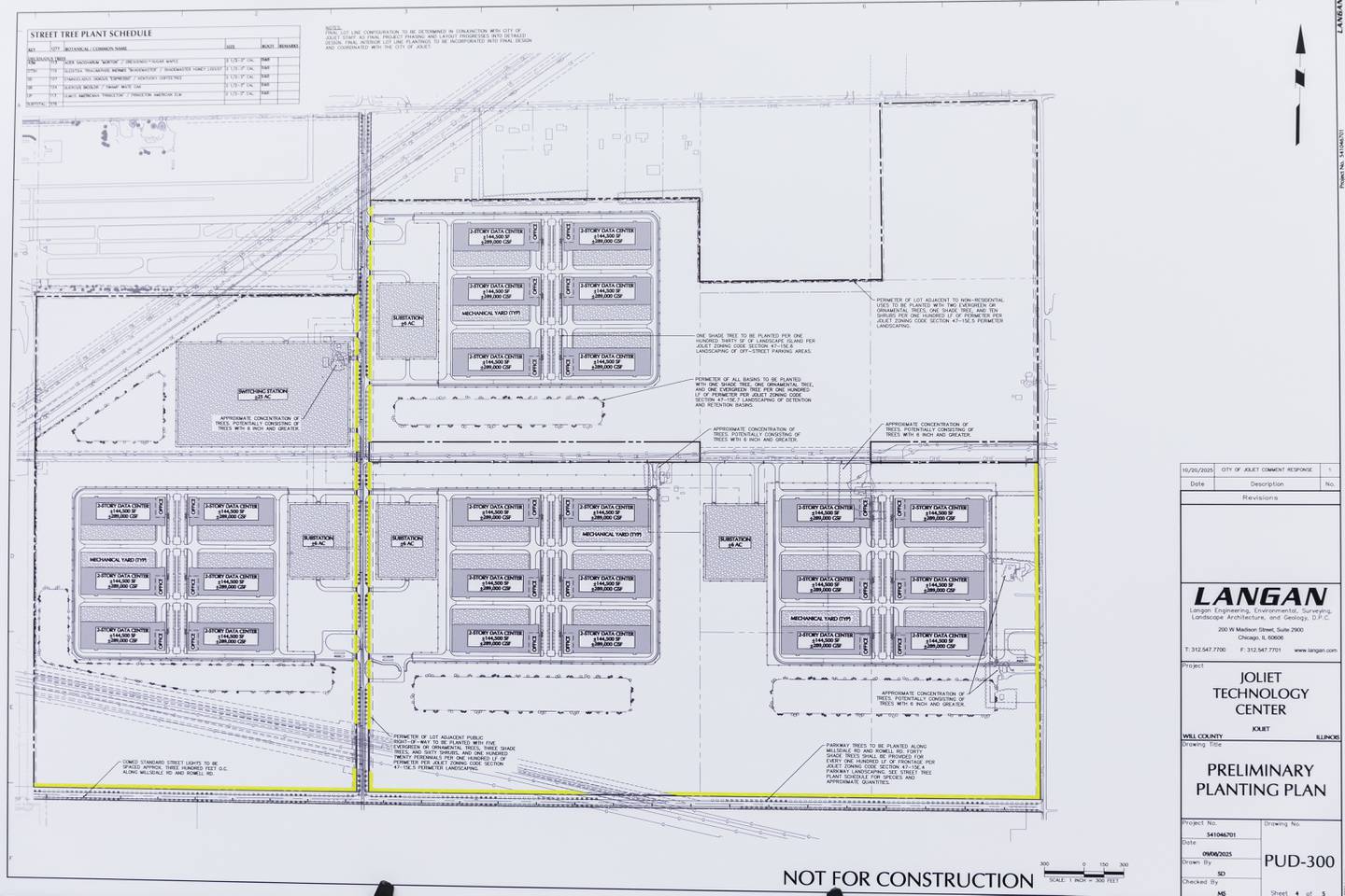 Preliminary planting plans for the proposed Joliet Technology Center are on display during a community open house event at Joliet Community College on Feb. 12, 2026.
