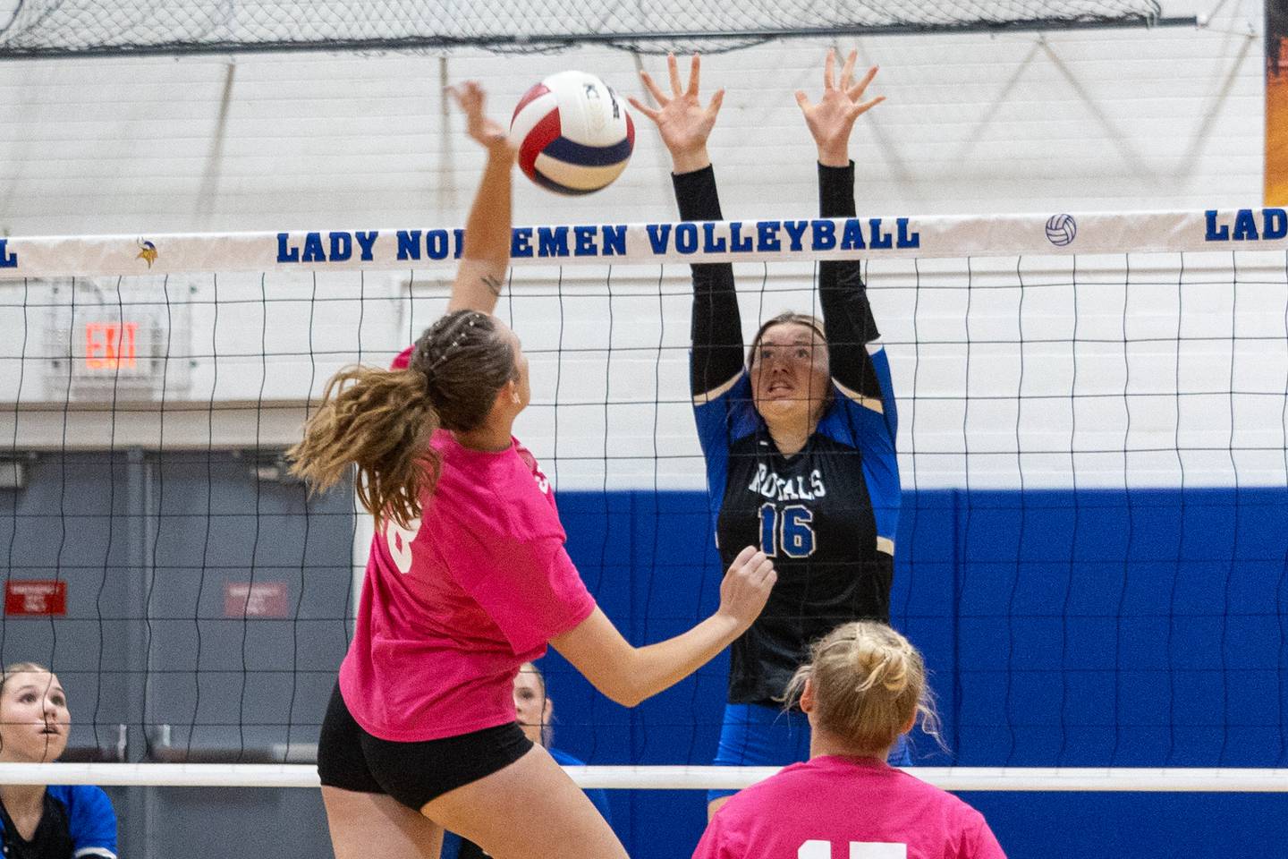 Olivia Smith of Newark goes for kill against Grace Michaels of Hinckley-Big Rock on Saturday, October 12, 2024 at Newark Community High School in Newark.