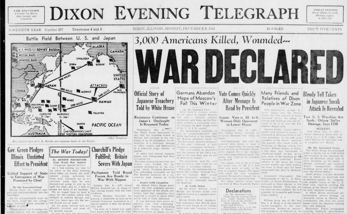 The top half of the front page of the Dixon Evening Telegraph from Dec. 8, 1941.