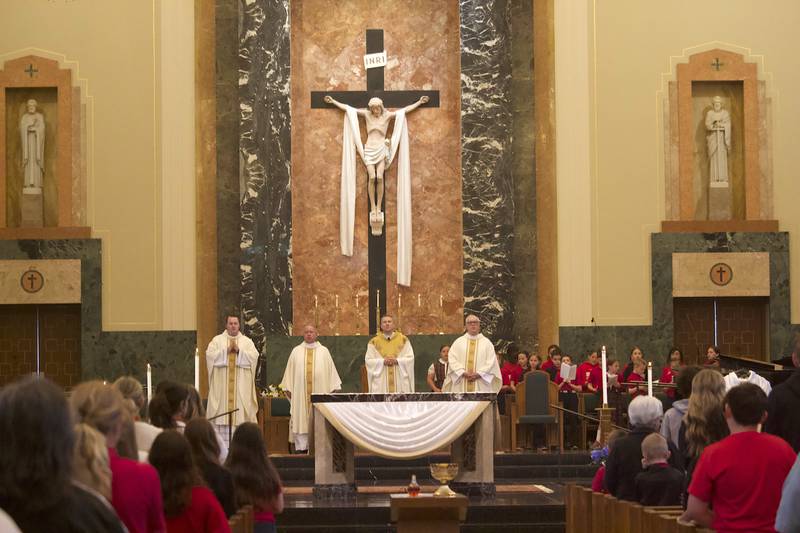 A Mass celebrating the election of Pope Leo XIV on Friday, May 9, 2025, at Cathedral of St. Raymond Nonnatus in Joliet.