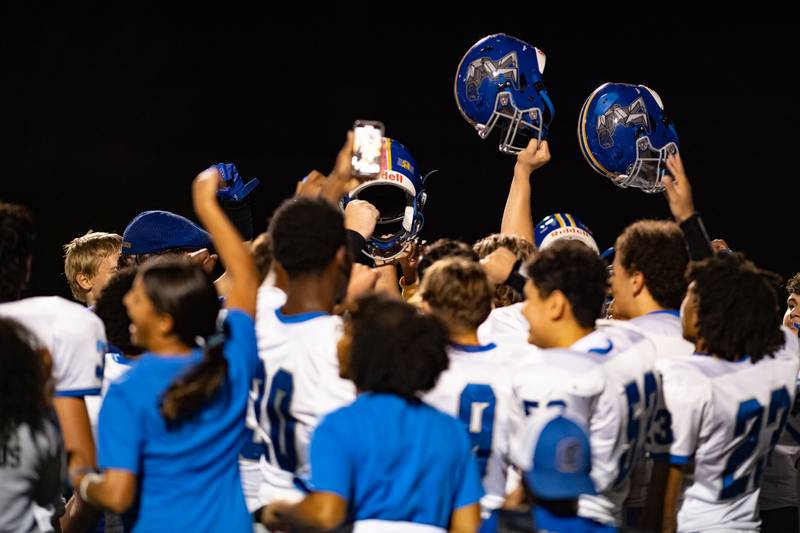 Joliet Central Celebrates their win against Plainfield Central on Friday Oct. 11, 2024 at Plainfield Central High School. This was Joliet Centrals first win since 2019