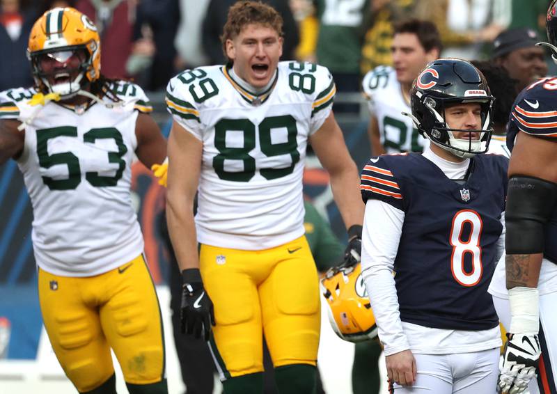 Chicago Bears place kicker Cairo Santos stands in disbelief after his potential game-winning kick was blocked by Green Bay Packers defensive end Karl Brooks as time expired sealing the win for the Packers Sunday, Nov. 17, 2024, during their game at Soldier Field in Chicago.