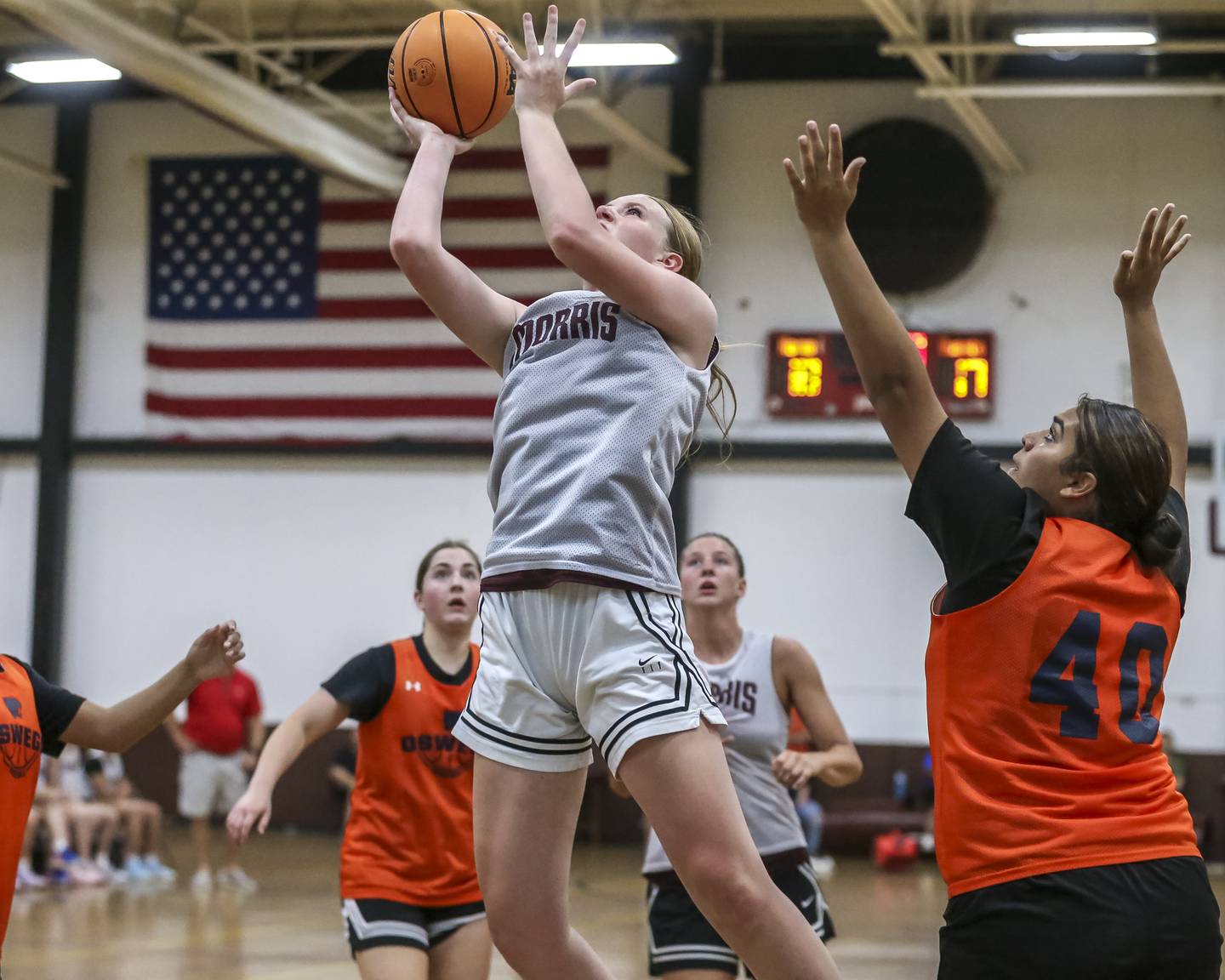 Morris' Landrie Callahan puts up a shot in their Morris Shootout girls basketball game.  June 18, 2025 in Morris.