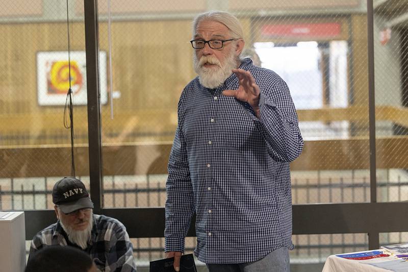 SVCC art professor Glen Bodish introduces the award winners Thursday, April 9, 2026, during the opening of the student art exhibit.