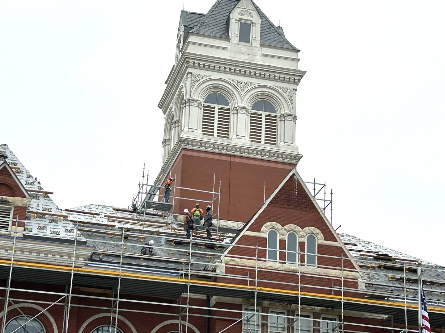 The historic Ogle County Courthouse in Oregon is surrounded by scaffolding as workers from Sterling Commercial Roofing continue to work on the 134-year-old structure's roof on Wednesday, Nov. 19, 2025.