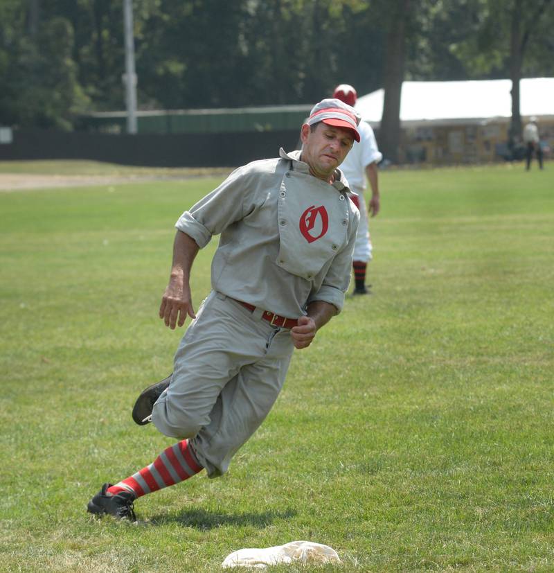 Oregon Ganymede Mike Benesh rounds third base en route to score at the World Tournament of Historic Base Ball held at the Henry Ford Museum's Greenfield Village on Saturday, Aug. 9, 2025.
