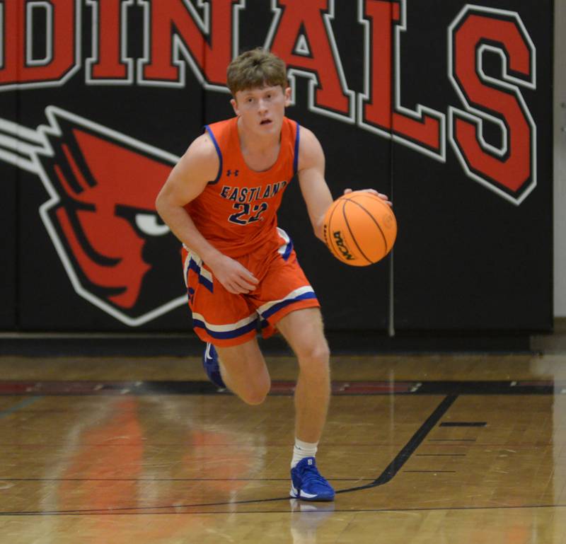 Eastland's Braden Anderson (22) leads the fast break against Forreston on Saturday, Jan. 4, 2025 at Forreston High School.