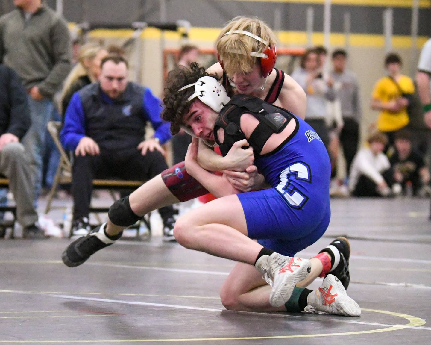 Streator wrestler Nicholas Pollett, rear, wrestles Jackson Marlett of Burlington Central in the 106 weight class during the 2A sectional meet held at Sycamore high School on Saturday Feb. 10, 2024.