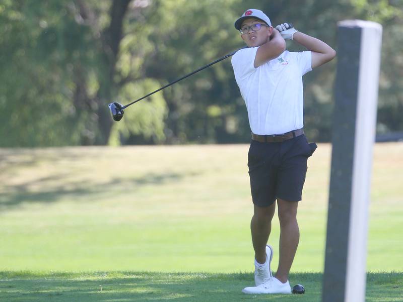 L-P's Adan Chiu tees off during the Pirate Invitational on Monday, Sept. 15, 2025 at Deer Park Golf Club in Oglesby.
