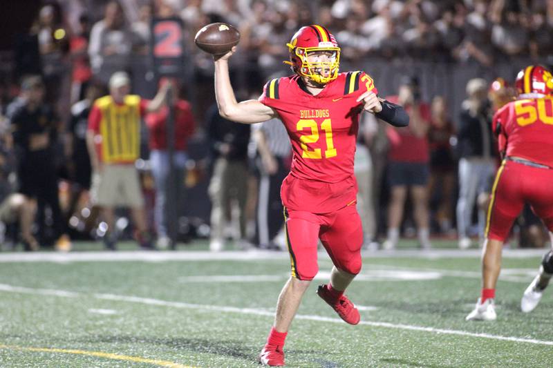 Batavia quarterback Ryan Boe passes the ball during a home game against Wheaton North on Friday, Sept. 22, 2023.