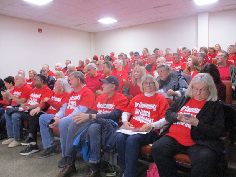 Opponents of the AZ Rock quarry expansion filled the public seating area at the Will County Board meeting on Thursday. March 20, 2025