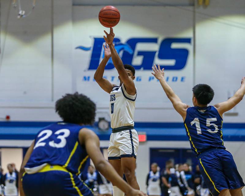 Downers Grove South's Jalen House (0) shoots a jump shot during basketball game between Leyden at Downers Grove South. Feb 9, 2024.