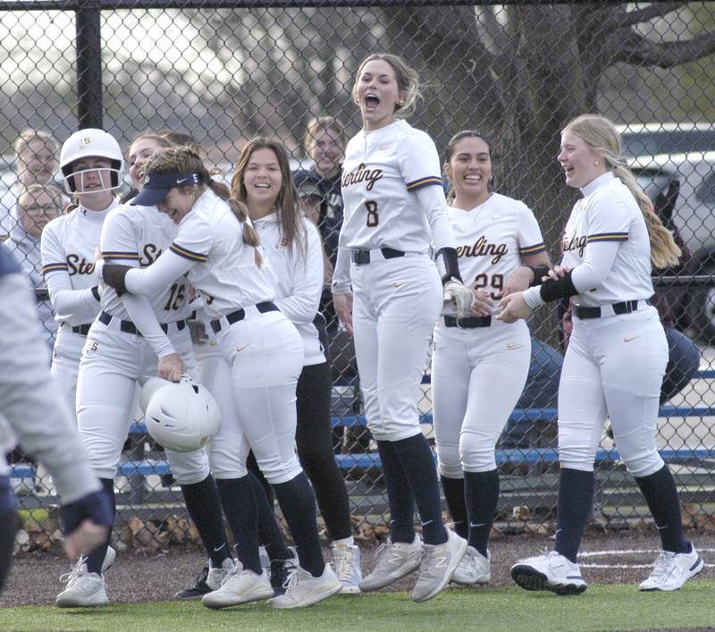 Sterling celebrates their win against Rock Island. The game took place at the SHS Softball Complex at Sterling High School on Thursday, April 3, 2025.