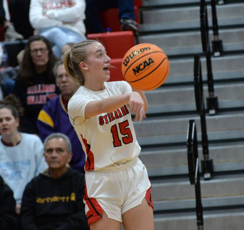 Stillman Valley's Taylor Davidson (15) makes a no-look pass against Marengo during the 2A Stillman Valley Sectional on Monday, Feb. 17, 2025 at Stillman Valley High School. Davidson led all scorers with 22 in the Cardinals' 58-31 win.