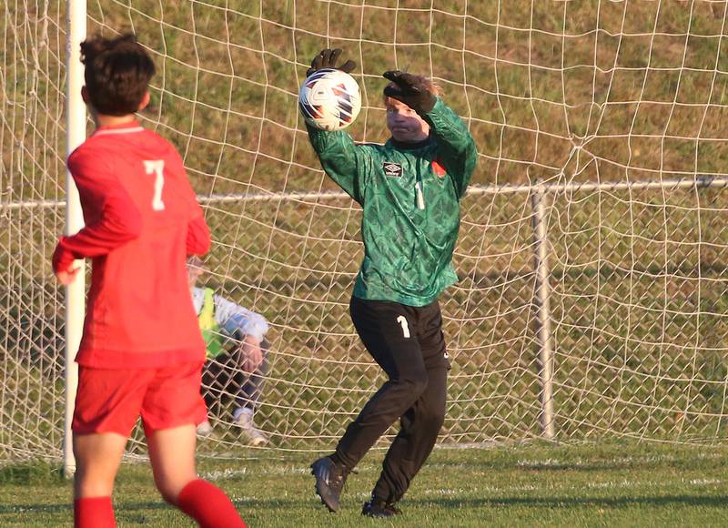 L-P keeper Logan Grzywa blocks a shot with his wrist while playing Streator during the Class 2A Regional semifinal game on Monday, Oct. 20, 2025 at Ottawa High School.