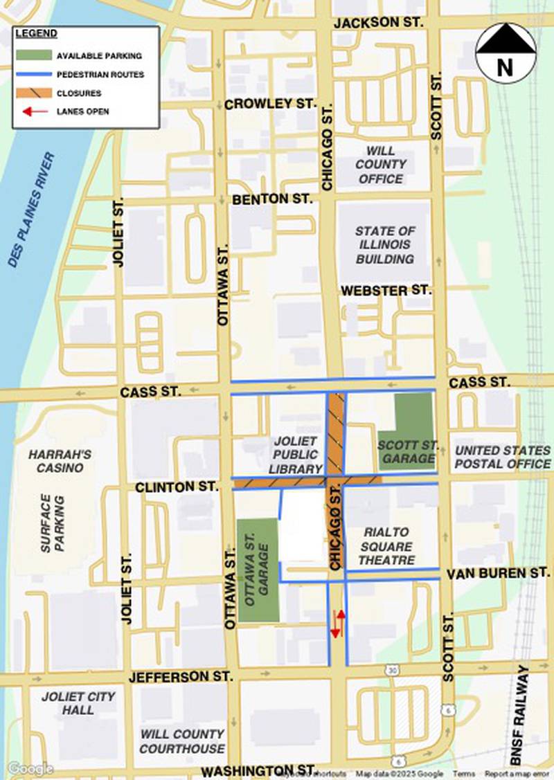 As part of the next phase of construction for the downtown Chicago Street Streetscape project in Joliet, traffic control and safety measures will be changing for approximately two weeks beginning  Monday, June 16, 2025.