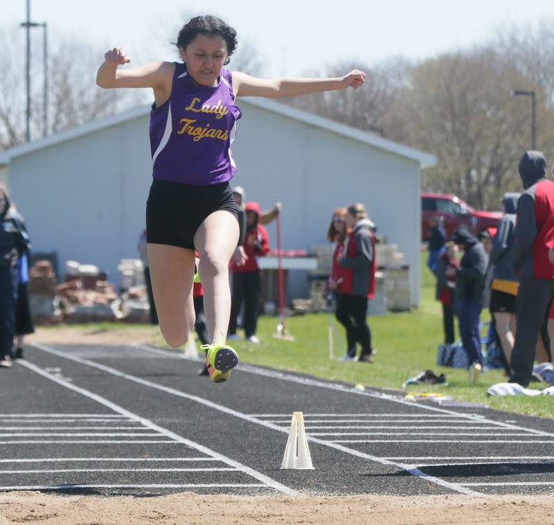 Mendota's Ashley Caracheo does the long jump during the Rollie Morris Invite on Saturday, April 16, 2022 at Hall High School in Spring Valley.