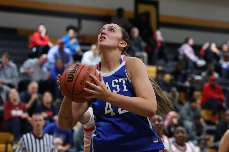 Lincoln-Way East’s Hayven Smith looks to take a shot against Homewood-Flossmoor in the Class 4A Joliet West Sectional championship on Thursday, Feb. 22nd in Joliet.