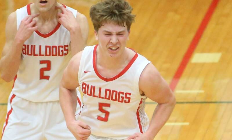Streator's Isaiah Weibel reacts to hitting a three point basket over Ottawa during the Class 3A Regional semifinal game on Wednesday, Feb. 26, 2025 in Sellett Gymnasium at L-P High School.