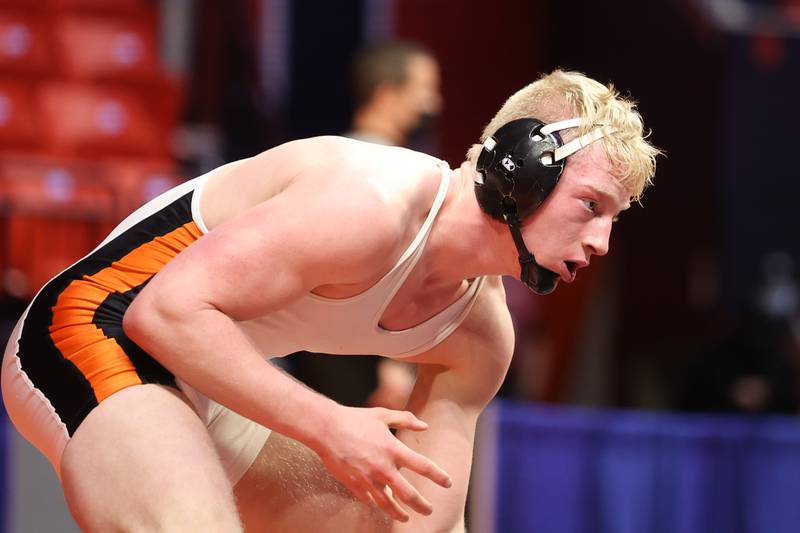 Dekalb’s Bryson Buhk faces Mt. Carmel’s Elliot Lewis in the Class 3A 195lb. 3rd place match at State Farm Center in Champaign. Saturday, Feb. 19, 2022, in Champaign.