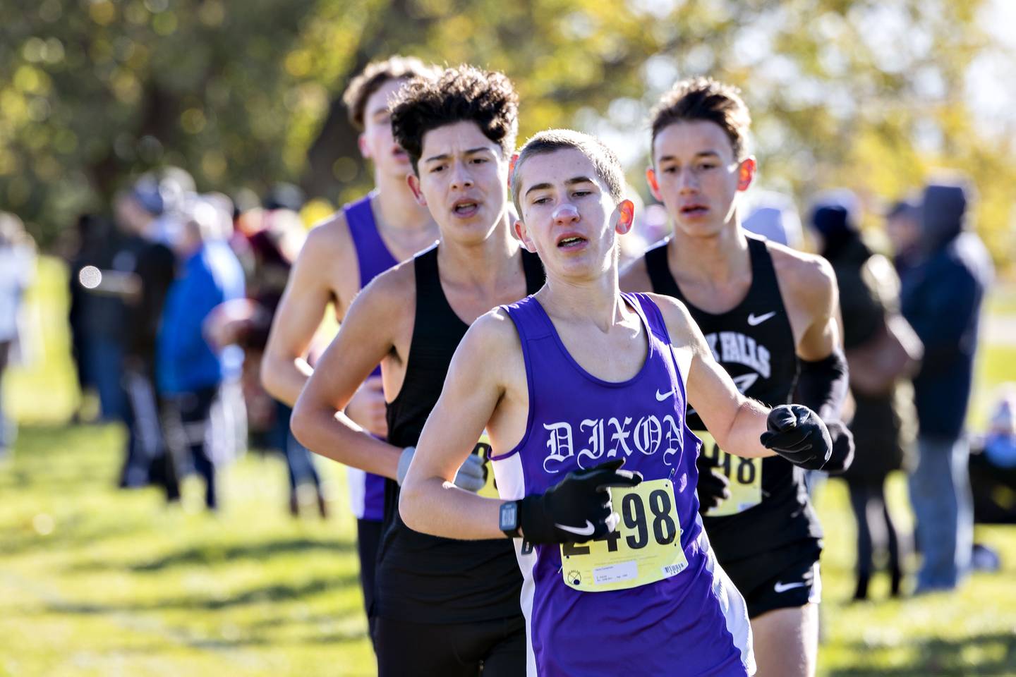 Dixon’s Aaron Conderman leads a group early in the race during the Big Northern Conference cross country race at Sauk Valley College Saturday, Oct. 15, 2022. Conderman went on to a fourth place finish.