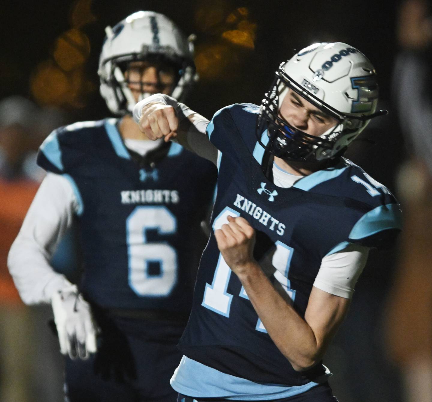 Prospect quarterback Jack Skoog celebrates after scoring a touchdown against Hersey during the second quarter of  a class 7A first-round football playoff game on Friday, Nov. 1, 2024 in Mount Prospect.