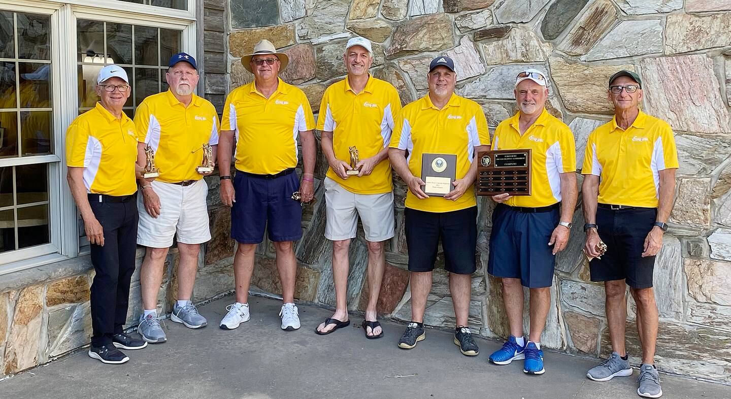 Emerald Hill won the Senior Lincoln Highway Tournament team title for the second straight year. Team members were (l-r): Don Mekeel, Jim Franson, Norm Deets, Gregg Petrosky, John Miller, Dave Jakobs and Jim Capp. Rod Anderson is not pictured.