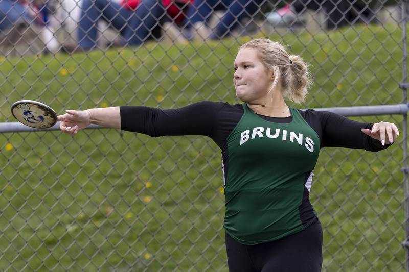 Libby Huffaker of St. Bede Academy throws the discus during the Rollie Morris Invite on April 19, 2025 at Hall High School.