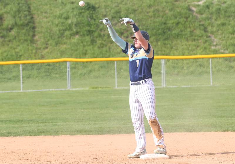 Marquette's Keaton Davis reacts after stealing second base against St. Bede on Thursday, April 24, 2025 at St. Bede Academy.