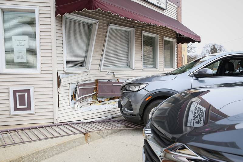 A car crashed into a storefront on April 1, 2025 in downtown Marengo.