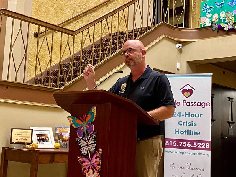 State Rep. Jeff Keicher, R-Sycamore, gives remarks at the annual Safe Passage Domestic Violence Candlelight Vigil and Survivor Speak-Out inside the Egyptian Theatre, 135 N. Second St. in downtown DeKalb on Monday, Oct. 2, 2023.