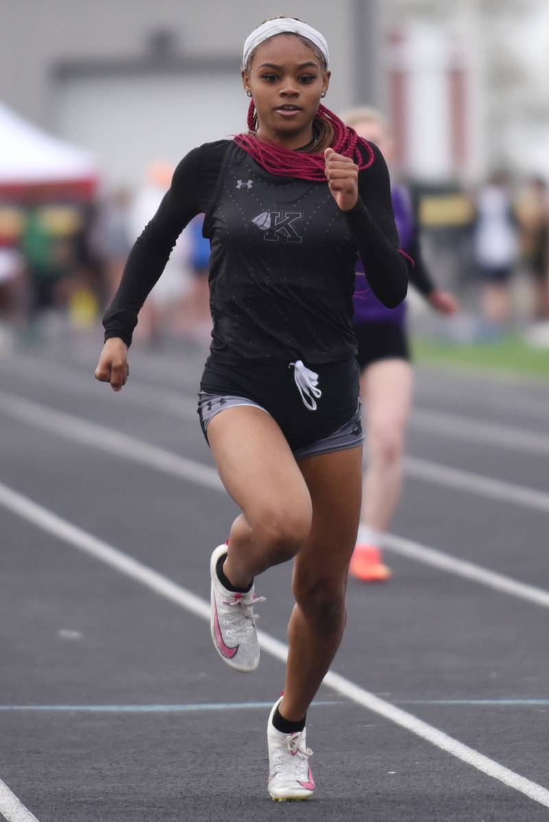 Kankakee's Syniah Williams runs the 100 m dash at the Herscher Invite Friday, May 2, 2025.