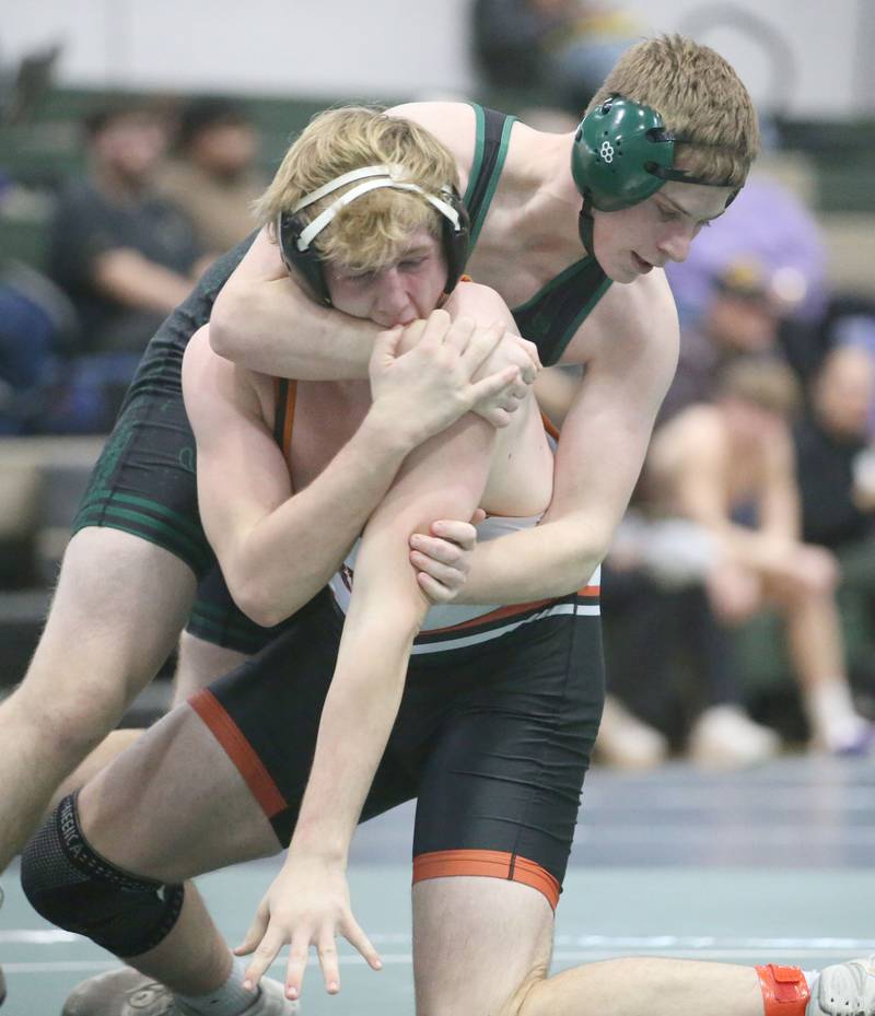 Sandwich's Kaden Clevenger wrestles St. Bede's Garrett Connelly in the 190 pound weight class during the Class 1A Regional meet on Saturday, Feb. 8, 2025 at St. Bede Academy.