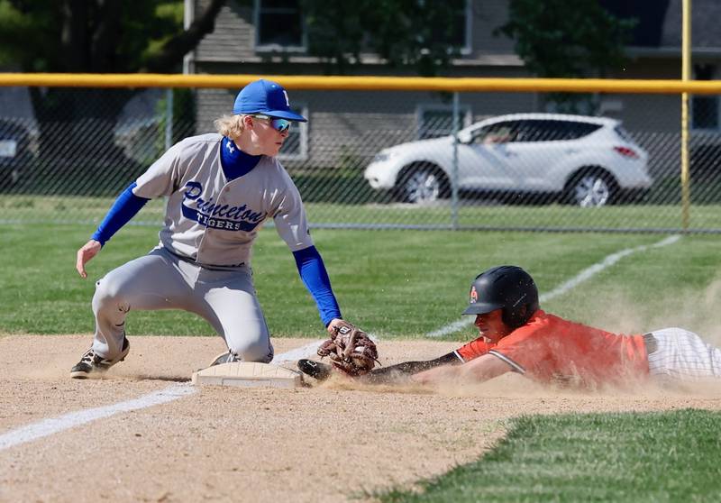 Princeton third baseman Nolan Kloepping puts the tag down against Kewanee in Monday's 5-2 regional semifinal loss at Prather Field.
