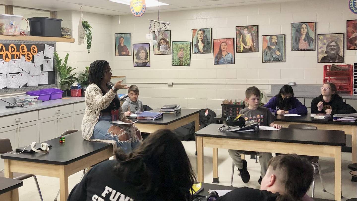 Sydney Hackley teaching one of her seventh grade classes at Plano Middle School on Tuesday April 4, 2023.