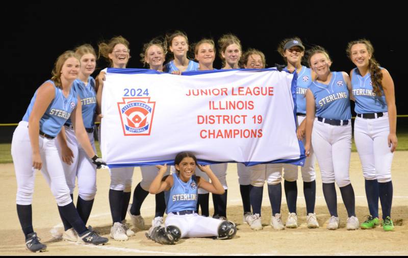 The Sterling 14U junior all-stars softball team is pictured after winning the District 19 title in June. They are playing in the little league state tournament this Saturday, July 6 in Burbank, Illinois.